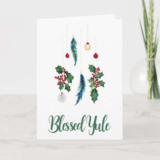 Winter Boho Blue Feathers & Holly Weihnachten Sols Karte (Vorderseite)