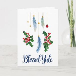 Winter Boho Blue Feathers & Holly Weihnachten Sols Karte