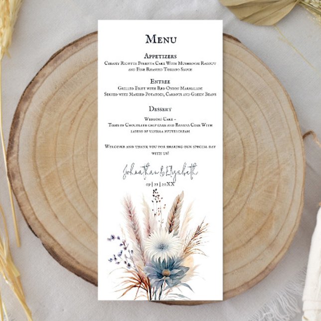 Winter Boho Floral Wedding | Weiß Menükarte (White Winter Boho Floral Wedding Menu)