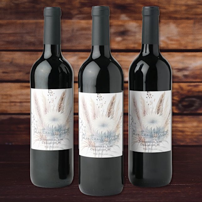 Winter Boho Floral Wedding | Weiß Weinetikett (White Winter Boho Floral Wedding Wine Labels)