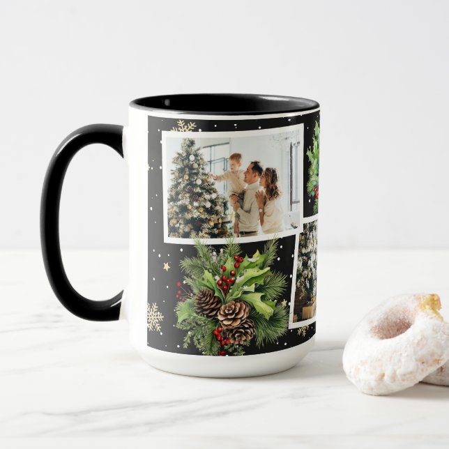 Winter Botanical Black Foto Collage Weihnachten Tasse (Mit Donut)