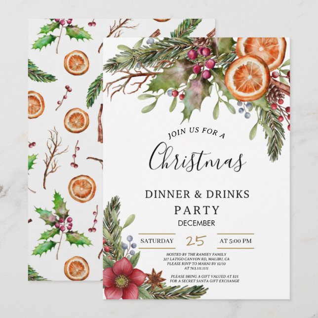 Winter Botanical Christmas Invite | Rustic Dinner  Einladung (Vorne/Hinten)