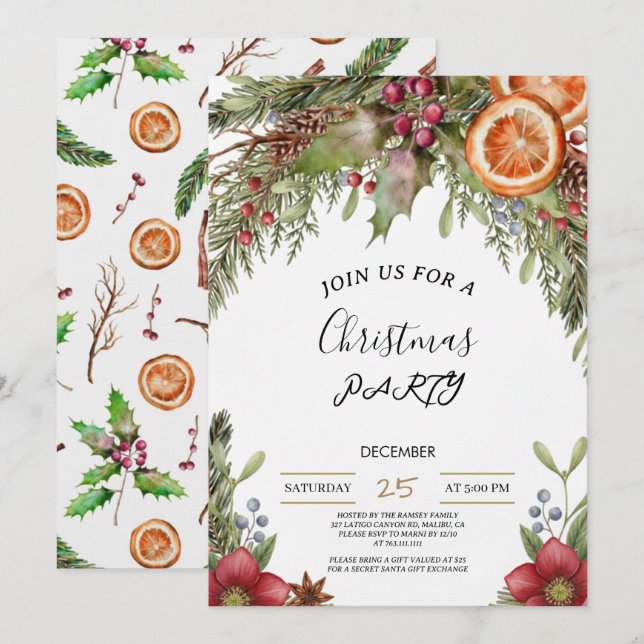 Winter Botanical Christmas Invite | Rustic Dinner  Einladung (Vorne/Hinten)