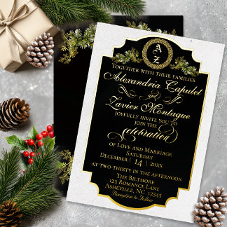 Winter Botanical Flourish Monogramm - Schwarz Folieneinladung