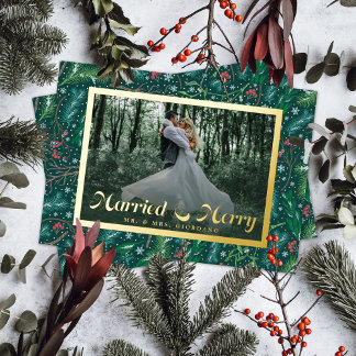 Winter Botanical Verheiratet & Merry Newlyweds Fot Folien Feiertagskarte