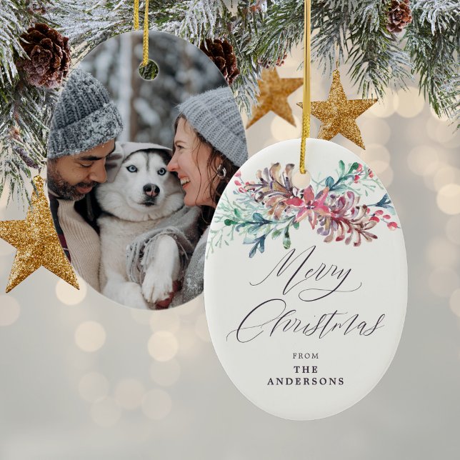 Winter Botanicals Beige Foto Frohe Weihnachten Keramik Ornament (Mockup View)