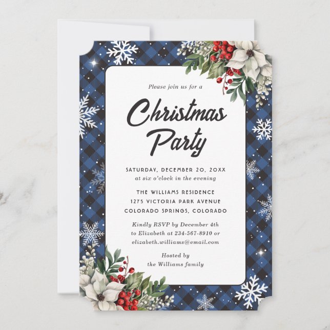 Winter Botanicals Blue Plaid Christmas Party Einladung (Vorderseite)
