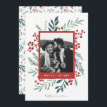 Winter Botanicals Weihnachtsfeiertag Rotes Foto Feiertagskarte<br><div class="desc">Diese vollständig anpassbare 1-Foto-Urlaubskarte verfügt über elegante handbemalte Aquarellbotanicals, die Ihr Foto wunderschön umrahmen. Es erscheint ein passendes Muster auf der Rückseite und im Raum, um eine personalisierte Nachricht zu schreiben. Gewollt, um noch mehr anpassen? Klicken Sie auf "Bearbeiten mit dem Entwurfswerkzeug". Dieses Design ist Teil einer Sammlung. Originelle Kunstwerke...</div>