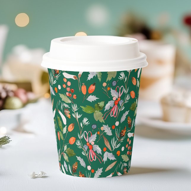 Winter Botanische Beeren und Blätter Dunkelgrün  Pappbecher (Von Creator hochgeladen)