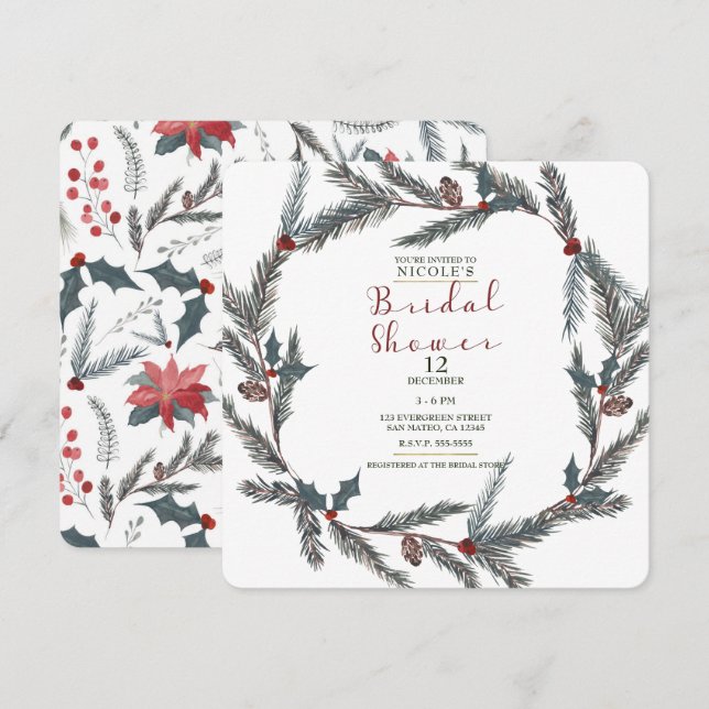 Winter Botanische Pine Berry Wreath Brautparty Einladung (Vorne/Hinten)