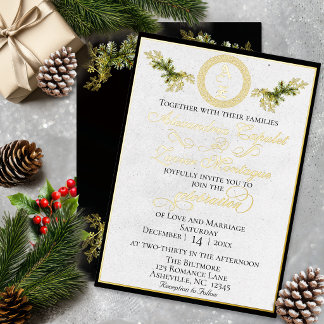 Winter Botanisches Monogramm - Schwarz Folieneinladung