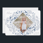 Winter Bouquet | Hanukkah-Foto Feiertagskarte<br><div class="desc">Elegante Ferienfotokarte mit einem beliebten Foto,  umgeben von einer geometrischen Grenze mit zartem blauen botanischem Blattwerk und kleinen Aquarellblütenblüten auf weißem Hintergrund. "Freude und Licht" erscheint in der oberen links Ecke,  mit Ihrem Familiennamen unten rechts.</div>