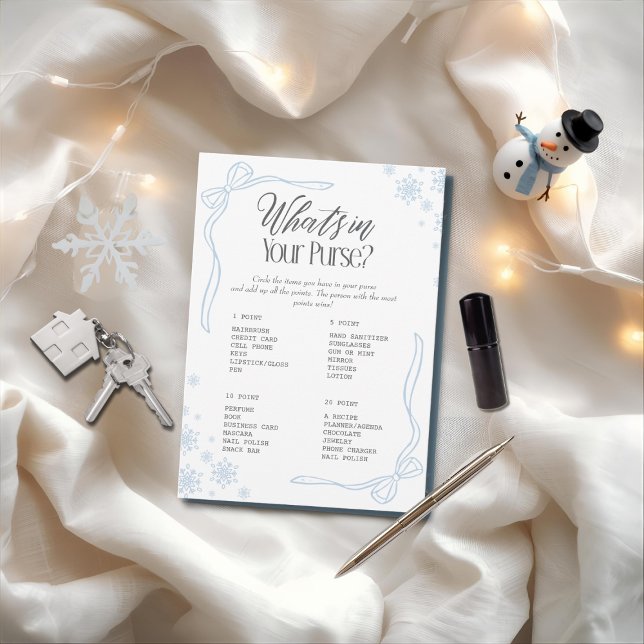 Winter Bow Blau Was ist in deiner Handtasche? Spie Einladung (Winter Bow Blue What's In your Purse? Game)