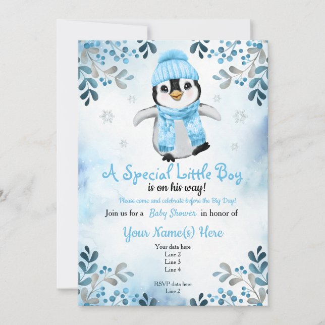 Winter Boy Pinguin Dusche Einladung Blauer Schnee (Vorderseite)