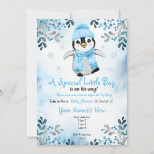Winter Boy Pinguin Dusche Einladung Blauer Schnee