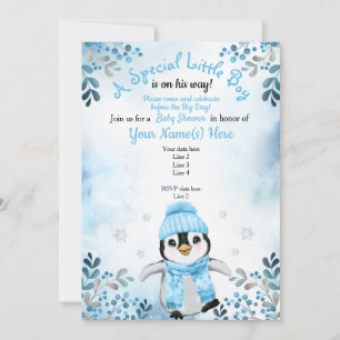Winter Boy Pinguin Dusche Einladung Blauer Schnee
