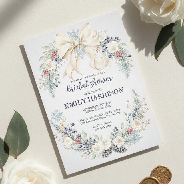Winter Bridal Shower Invitation Cream Bow Floral Einladung (blush blue winter flowers)