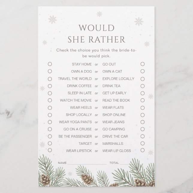 Winter Bridal Shower Would She Rather Game (Vorderseite)