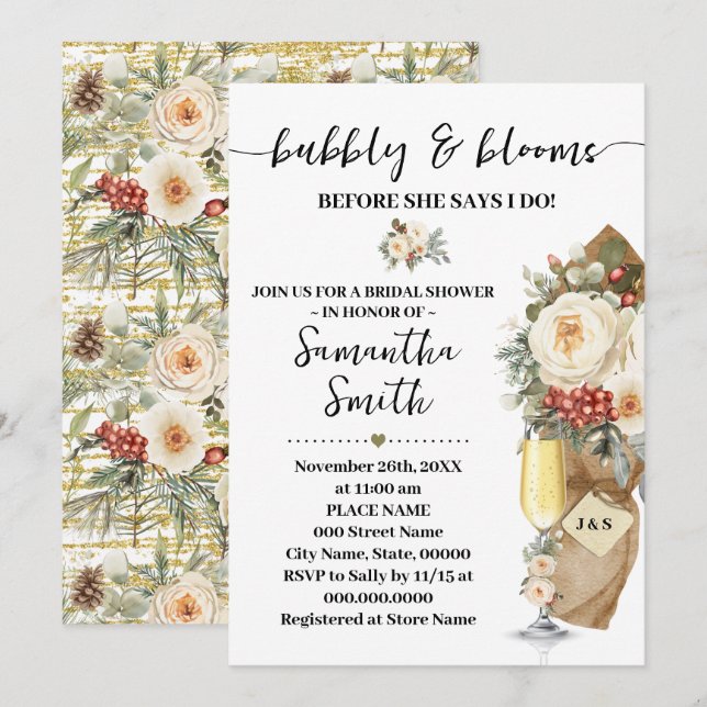 Winter Bubbly & Blooms Before I do Bridal Shower Einladung (Vorne/Hinten)