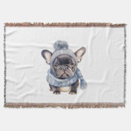 Winter Bulldog Baby in blauer Mütze und Schal Decke