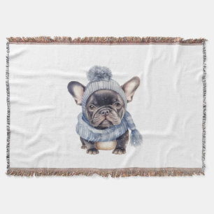 Winter Bulldog Baby in blauer Mütze und Schal Decke