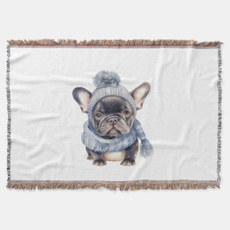Winter Bulldog Baby in blauer Mütze und Schal  Decke