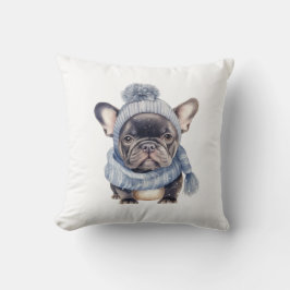 Winter Bulldog Baby in blauer Mütze und Schal Kissen