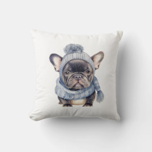 Winter Bulldog Baby in blauer Mütze und Schal Kissen