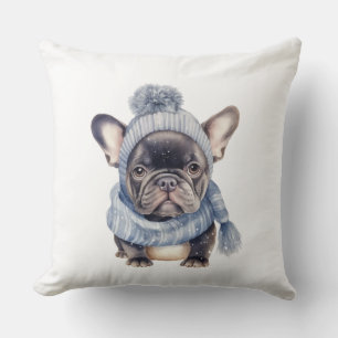 Winter Bulldog Baby in blauer Mütze und Schal Kissen