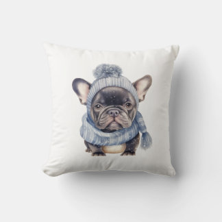 Winter Bulldog Baby in blauer Mütze und Schal Kissen