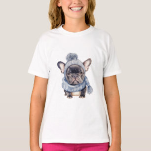 Winter Bulldog Baby in blauer Mütze und Schal T-Shirt