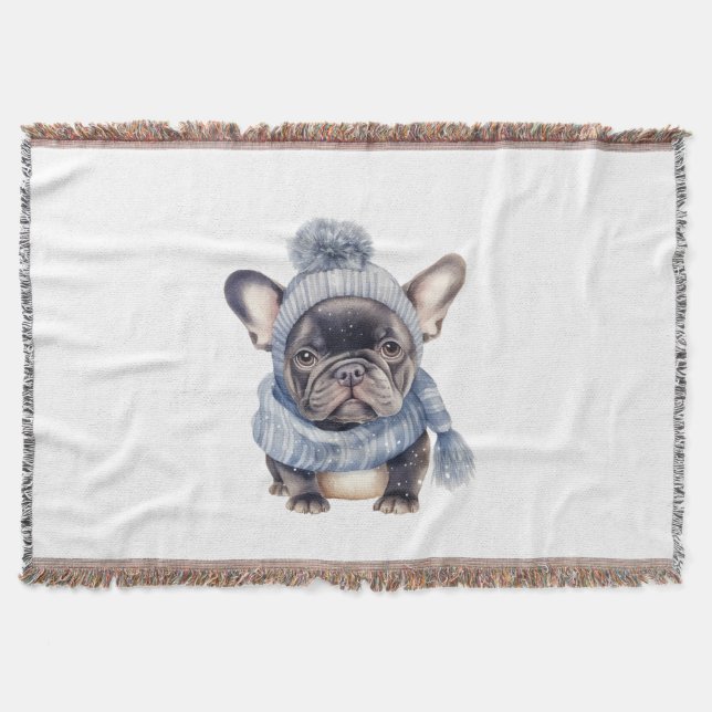 Winter Bulldog Baby in Blue Cap and Scarf  Decke (Vorderseite)