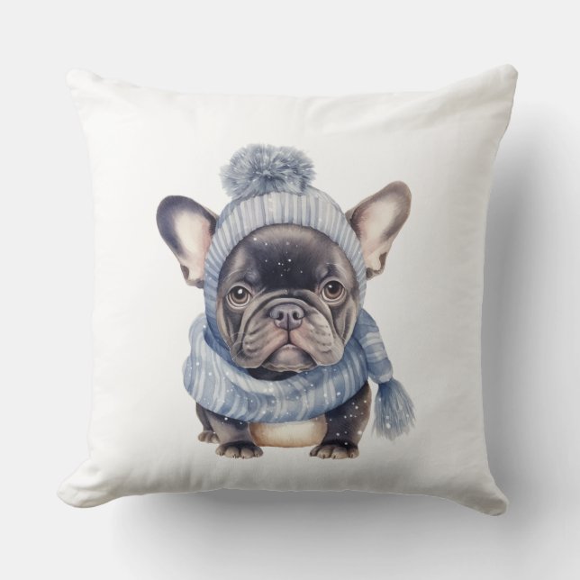 Winter Bulldog Baby in Blue Cap and Scarf  Kissen (Vorderseite)