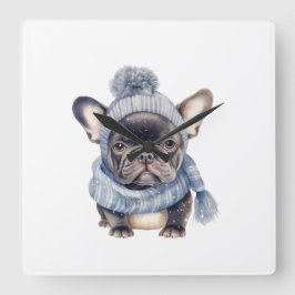 Winter Bulldog Baby in Blue Cap and Scarf  Quadratische Wanduhr