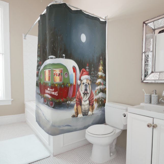 Winter Bulldog Caravan Weihnachtsabenteuer Duschvorhang (Beispiel)