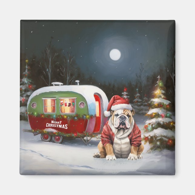 Winter Bulldog Caravan Weihnachtsabenteuer Magnet (Vorne)