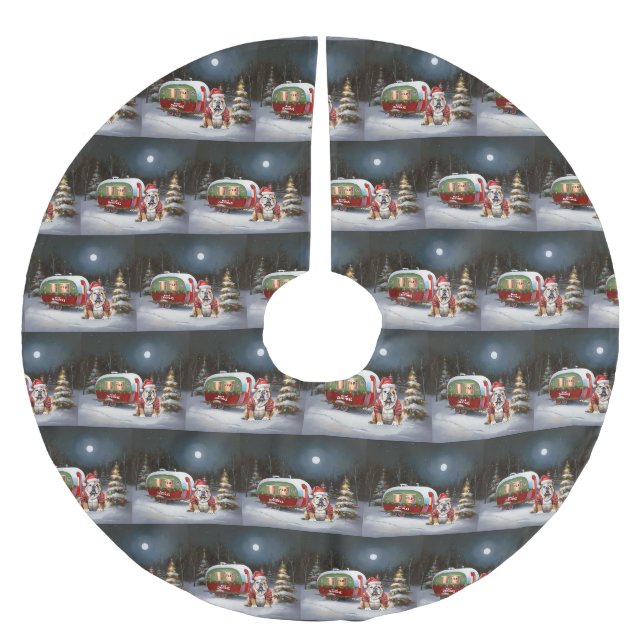Winter Bulldog Caravan Weihnachtsabenteuer Polyester Weihnachtsbaumdecke (Vorderseite)