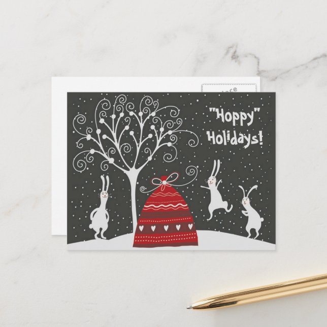 Winter Bunny Hoppy Ferien Postkarte (Vorderseite/Rückseite Beispiel)