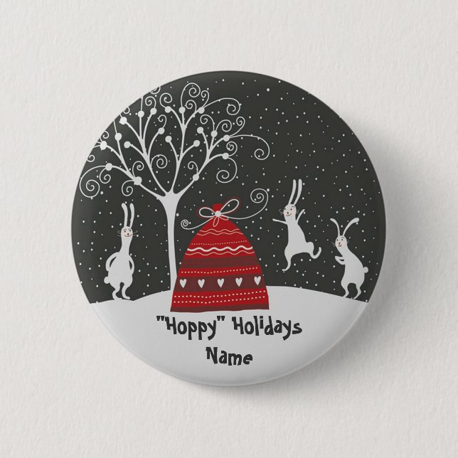 Winter Bunny Hoppy Holidays Button (Vorderseite)