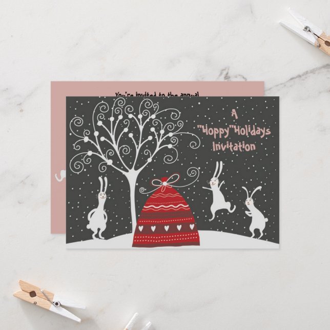 Winter Bunny Hoppy Weihnachtsfeiertage Einladung (Vorderseite/Rückseite Beispiel)