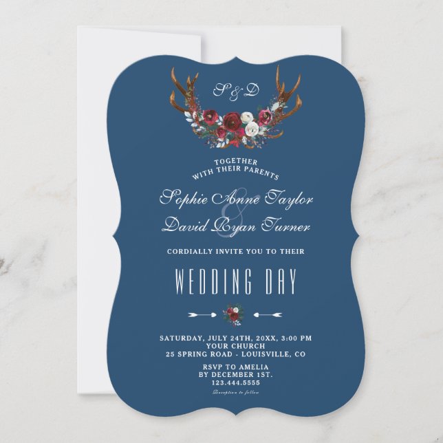 Winter Burgund Floral Antlers Navy Gold Hochzeit Einladung (Vorderseite)