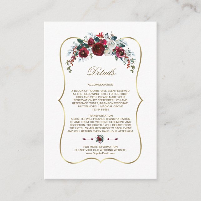 Winter Burgund Pine Gold Hochzeit Details Begleitkarte (Vorderseite)