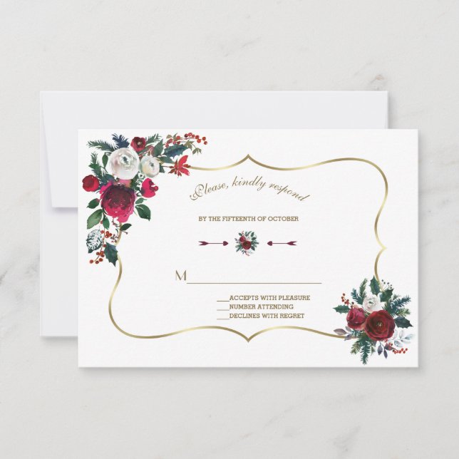 Winter Burgund Pine Gold Wedding RSVP (Vorderseite)