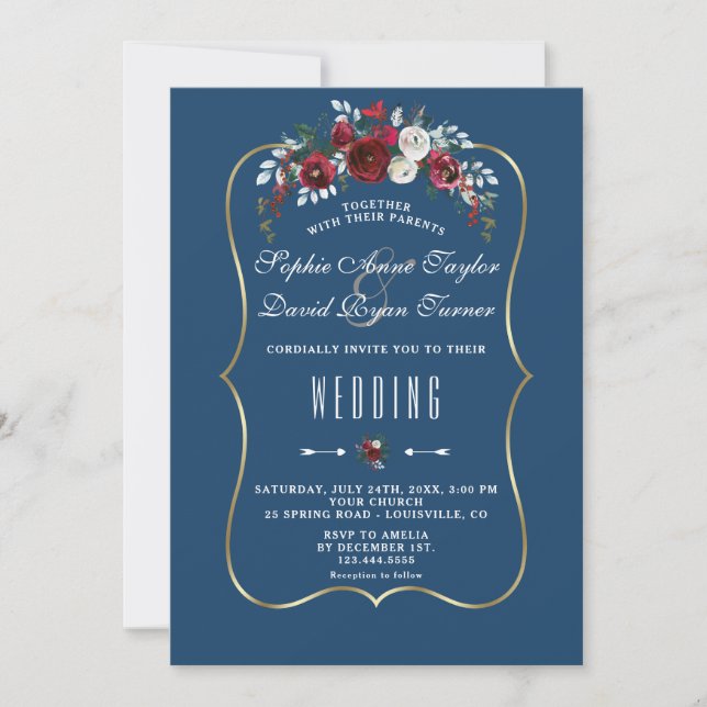 Winter Burgund Pine Navy Blue Gold Hochzeit Einladung (Vorderseite)