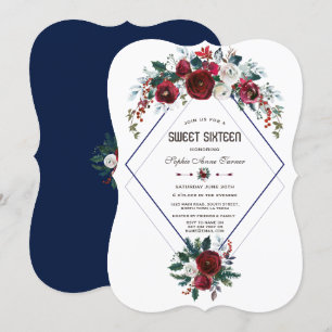 Winter Burgundy Floral Navy Blue Sweet 16 Einladung