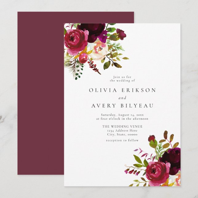 Winter Burgundy Maroon Marsala Floral Wedding Einladung (Vorne/Hinten)
