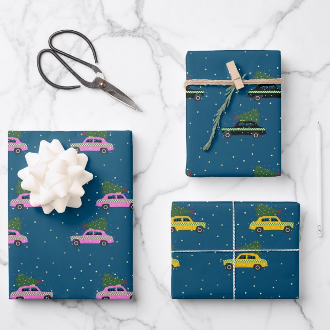 Winter Cab Taxi Fir Tree Pattern Blauer Weihnachte Geschenkpapier Set (Vorderseite)
