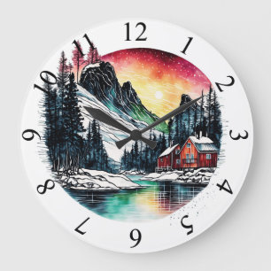 Winter Cabin Glow Große Wanduhr