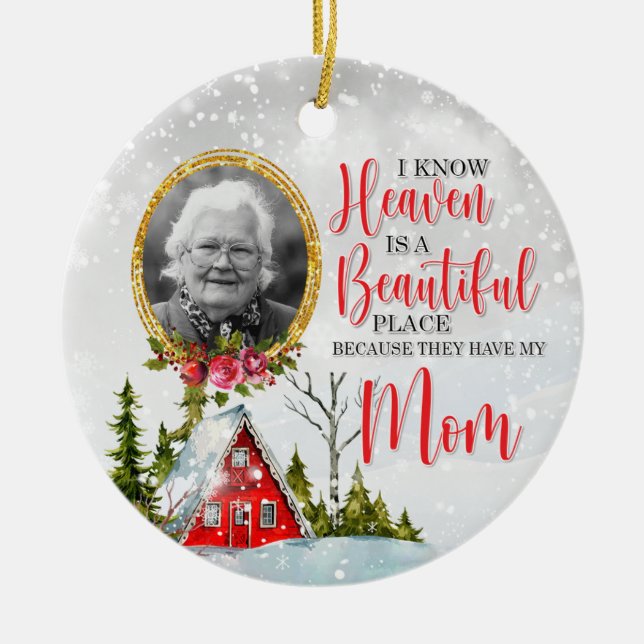 Winter Cabin Personalisiert Memorial Foto Keramik Ornament (Vorne)