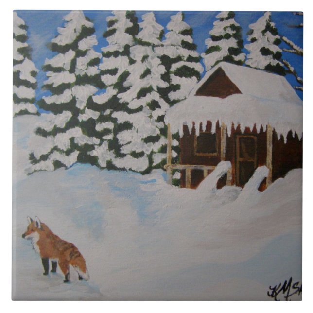 Winter Cabin Scene Tile Fliese (Vorderseite)